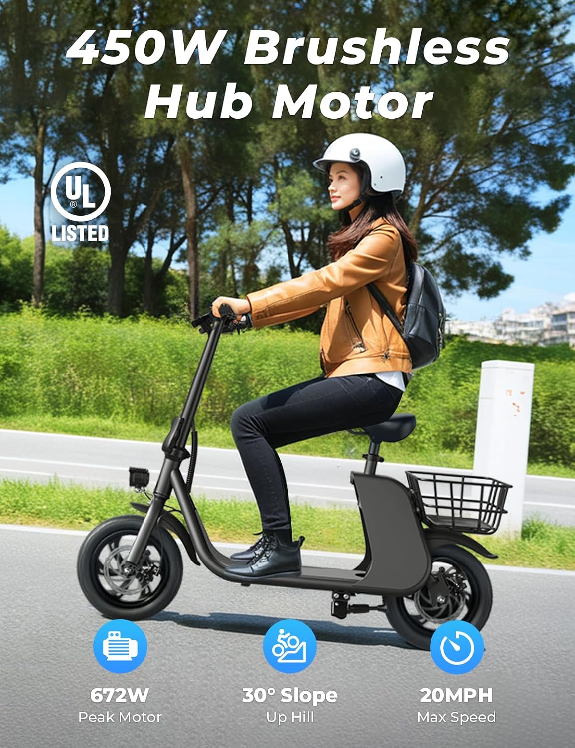 Windhorse Electric Scooter with Seat, 20 Miles Range, 15.5 MPH Speed, 650W Peak Motor Power,Dual Disc Brakes, Foldable Commuter Electric Scooter for Adults and Teens, 2 Baskets, Max Load 265 Ibs