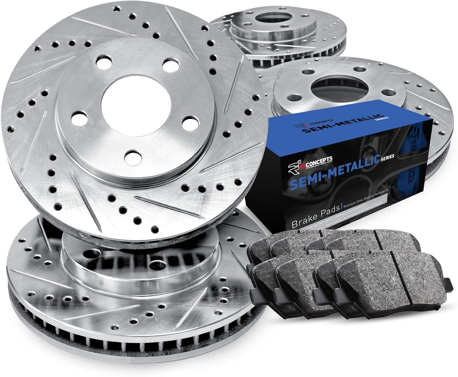 R1 Concepts Front and Rear Brakes and Rotors| Drilled Slotted Brake Rotors| Front and Rear Semi-Metallic Brake Pads and Rotors Kit| Fits 2016-2020 Lexus GS, 2015-2021 Lexus RC F