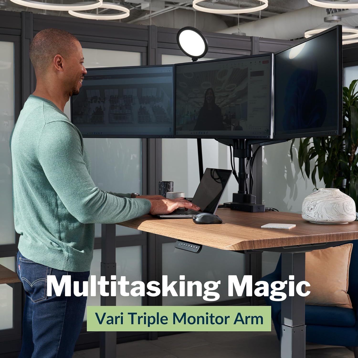 Vari Triple Monitor Arm - VariDesk 3 Computer Monitor Mount Accessory - VESA Compatible Stand with 180 Degree Adjustment - Heavy Duty Articulating Arm - Black