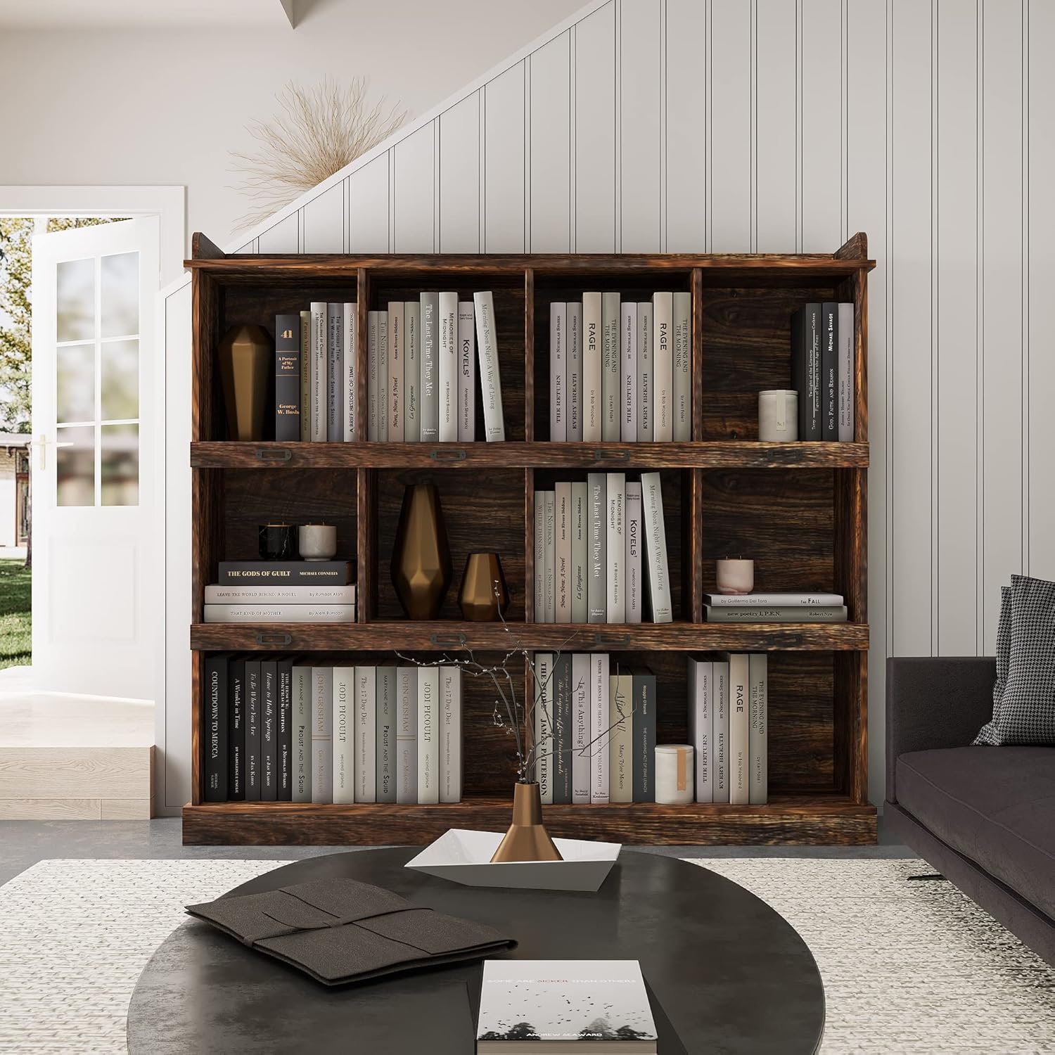 agnixnaf Espresso Bookshelf with 2 Shelves, 10 Open Storage Spaces, Rectangular Bookcase, Farmhouse, for Office, Bedroom, Living Room, Study Room