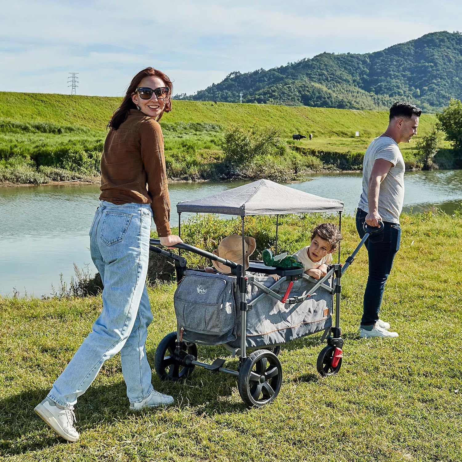 Busy Bee Foldable Wagon Stroller for 2 Kids, Push Pull Collapsible Kids Wagon with Adjustable Handle Bar, Removable Canopy, 5-Point Harness, Shock-Absorbing Wheels, Grey