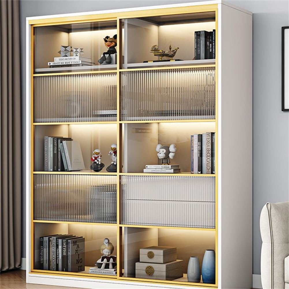 KWOKING Modern Wooden Bookshelf Rectangular With Doors Rectangular Shelves Office Bookcase Sliding Glass Door Bookshelf Display Cabinet Living Room Bookcase White - Vertical Glass 39