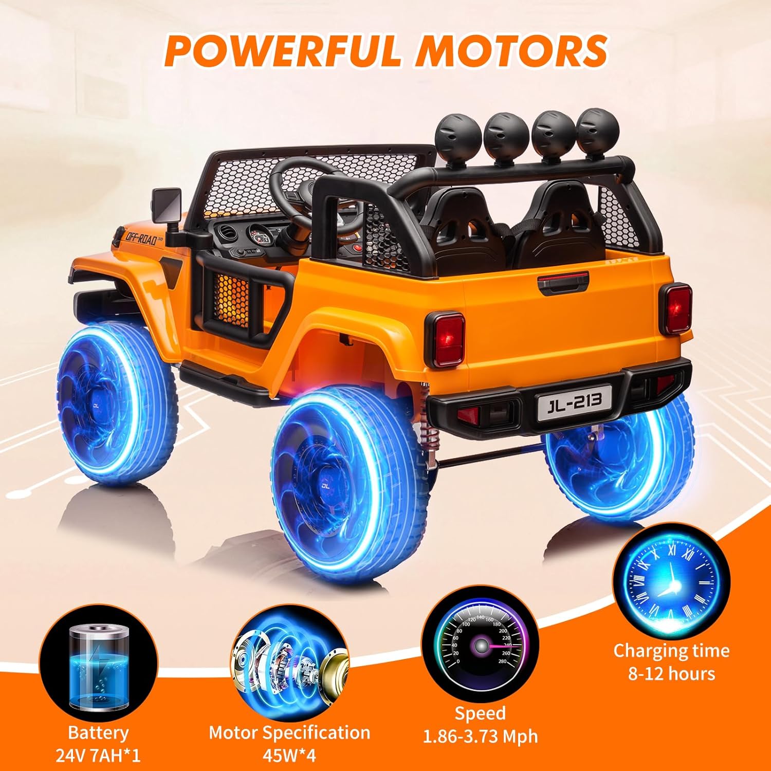 24V 2-Seater Kids Ride On Car Electric Vehicle for Toddlers Switchable 2WD/4WD Battery Powered Truck with Remote Control, Trunk Storage, 4-Wheeler Suspension, LED Lights, Music, Orange
