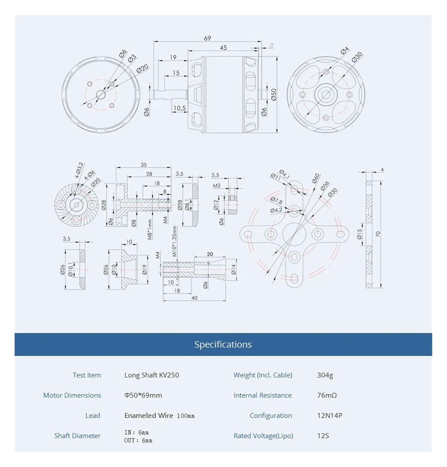 AT4120 Long Shaft 250kv 500kv 560kv Brushless RC Airplane Electric Motor(KV560)
