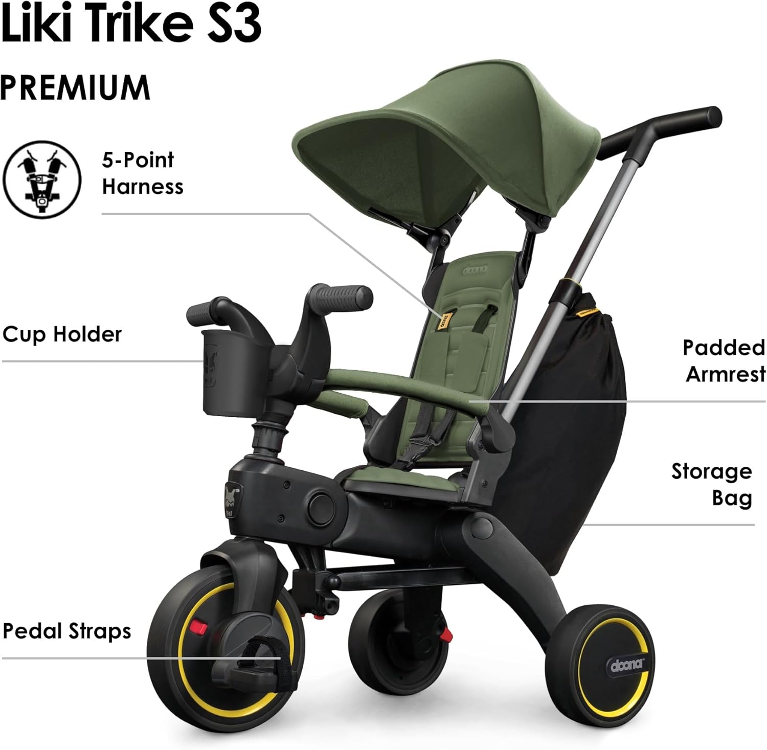 Doona Liki Trike S3, Desert Green - 5-in-1 Compact, Foldable Tricycle - Suitable for Toddlers 10 to 36 Months