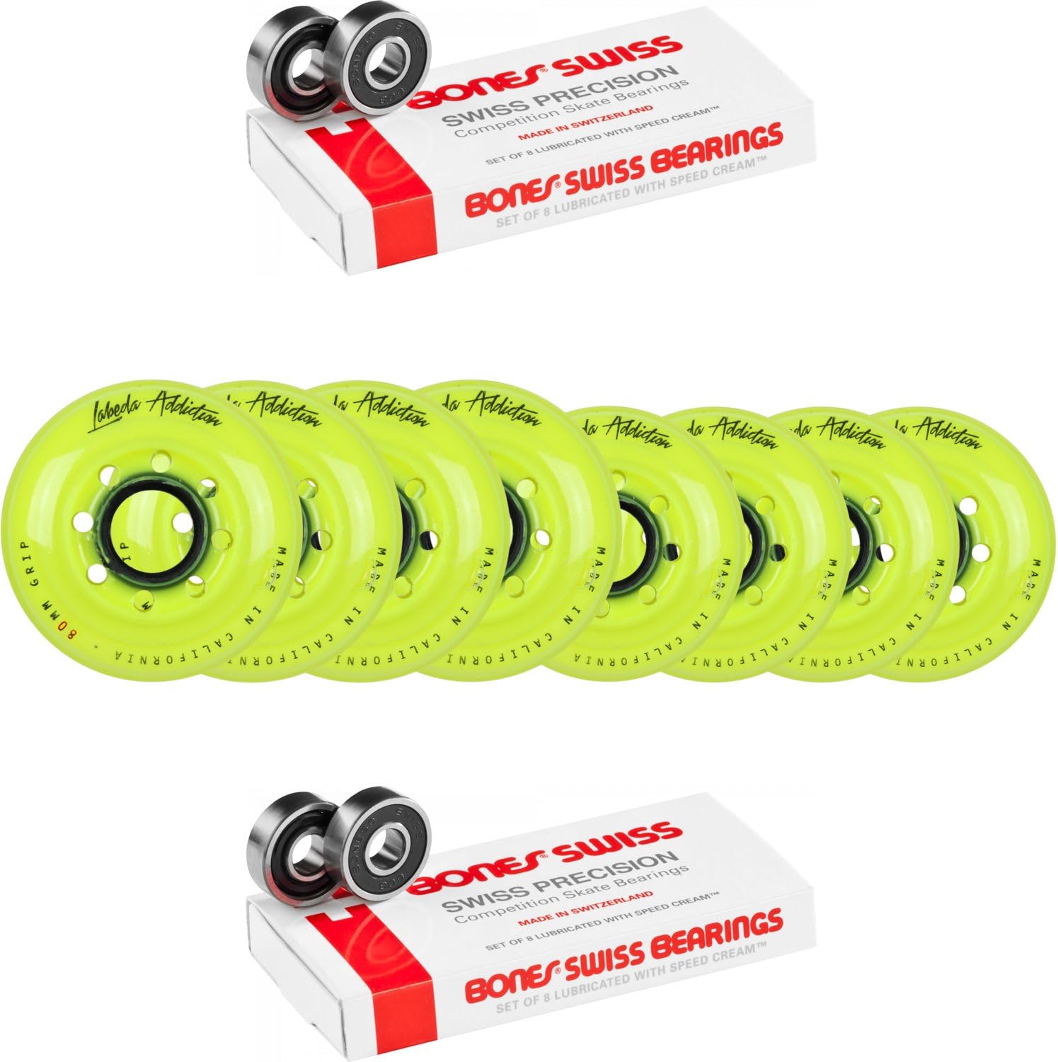 Labeda Wheels 80mm /76mm Hilo Set Addiction Yellow Inline Hockey Bones Swiss