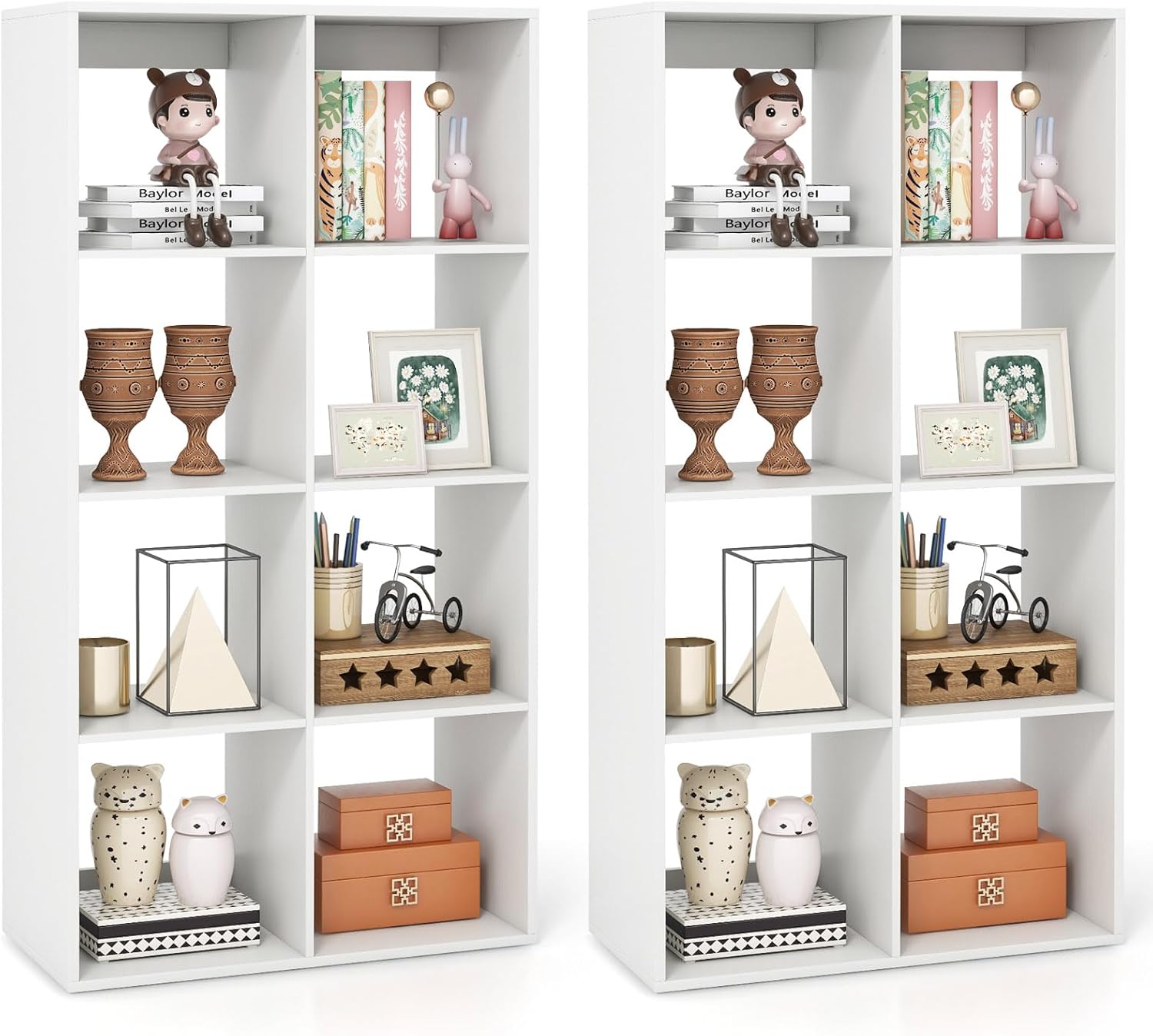 GOFLAME 8-Cube Bookcase, Bookshelf with Storage Set of 2, Open Back, Bottom Guardrail, Modern Display Shelf, Freestanding, 4-Tier Cubby Storage Organizer for Living Room, Study, Office, White