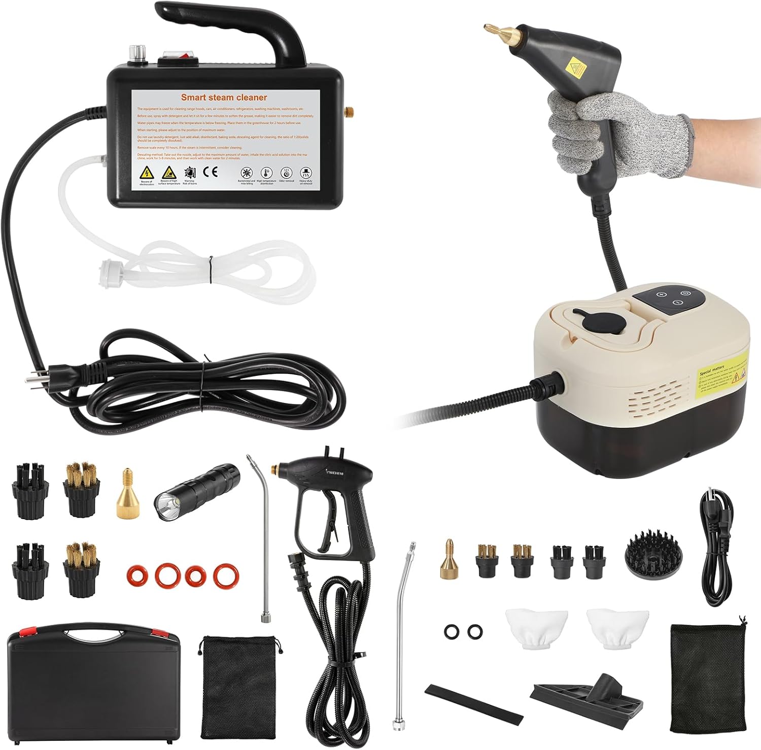 BEAMNOVA High Pressure Handheld Steam Cleaner with Storage Case + 1.2L Beige Car Steam Cleaner