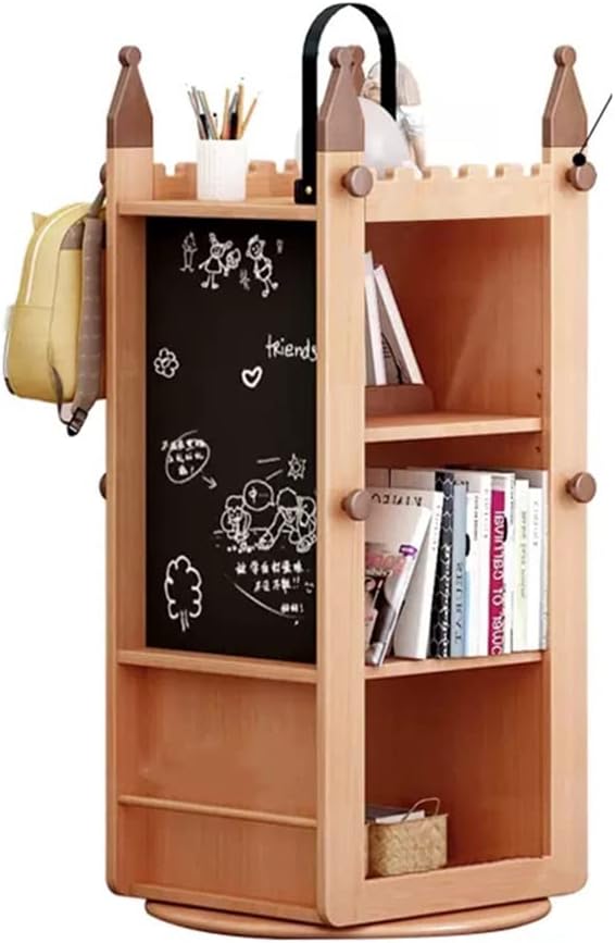360 Degree Rotating Solid Wood Bookshelf, Lovely Castle Shaped Floor Corner Bookcase, for Children's Room Kindergarten Library