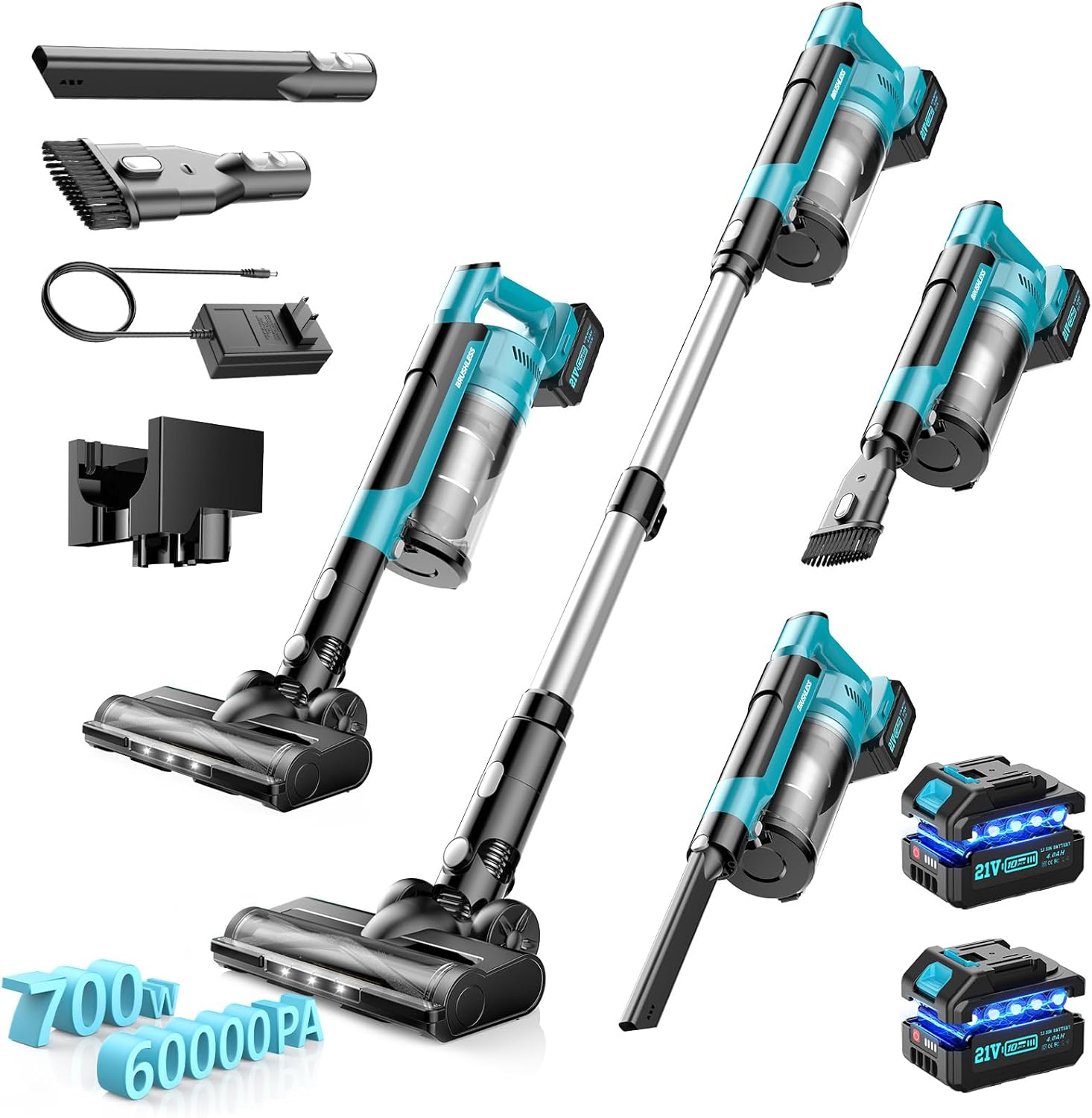 Veubew Cordless Vacuum Cleaner with 2 * 4000mAh Batteries, 700W 60Kpa Vacuum Cleaners for Home, 6 in 1Cordless Stick Vacuum Clearner, Brushless Motor with LedDisplay for Hard Floors Carpet Pet Hair