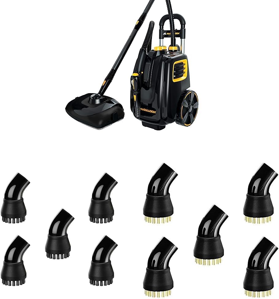 McCulloch MC1385 Deluxe Canister Steam Cleaner with 23 Accessories, Chemical-Free Pressurized Cleaning, 1-(Pack), Black & Nylon Utility Brush (5 Pack) & A1230-006 Brass Brush (5 Pack), Black, 5 Count