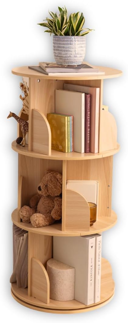 Minimal Mommy Kids Rotating Bookshelf, Small Corner Bookshelf for Small Space, 360° Display 3 Tier Floor Standing Bookshelf Storage Rack, Wooden Narrow Bookcase Organizer for Bedroom, Living Room