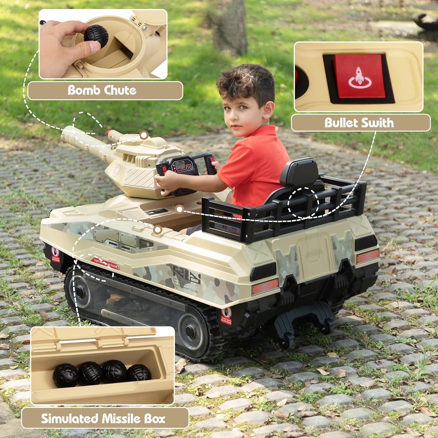 TOBBI 24V Electric Kids Ride on Toys, Battery Powered Tank Car for Toddlers to Drive with Remote Control/8 Missiles/360°Spin/Rubber Tracks/Music, Off-Road Vehicles for Boy&Girl Aged 3-8 Years