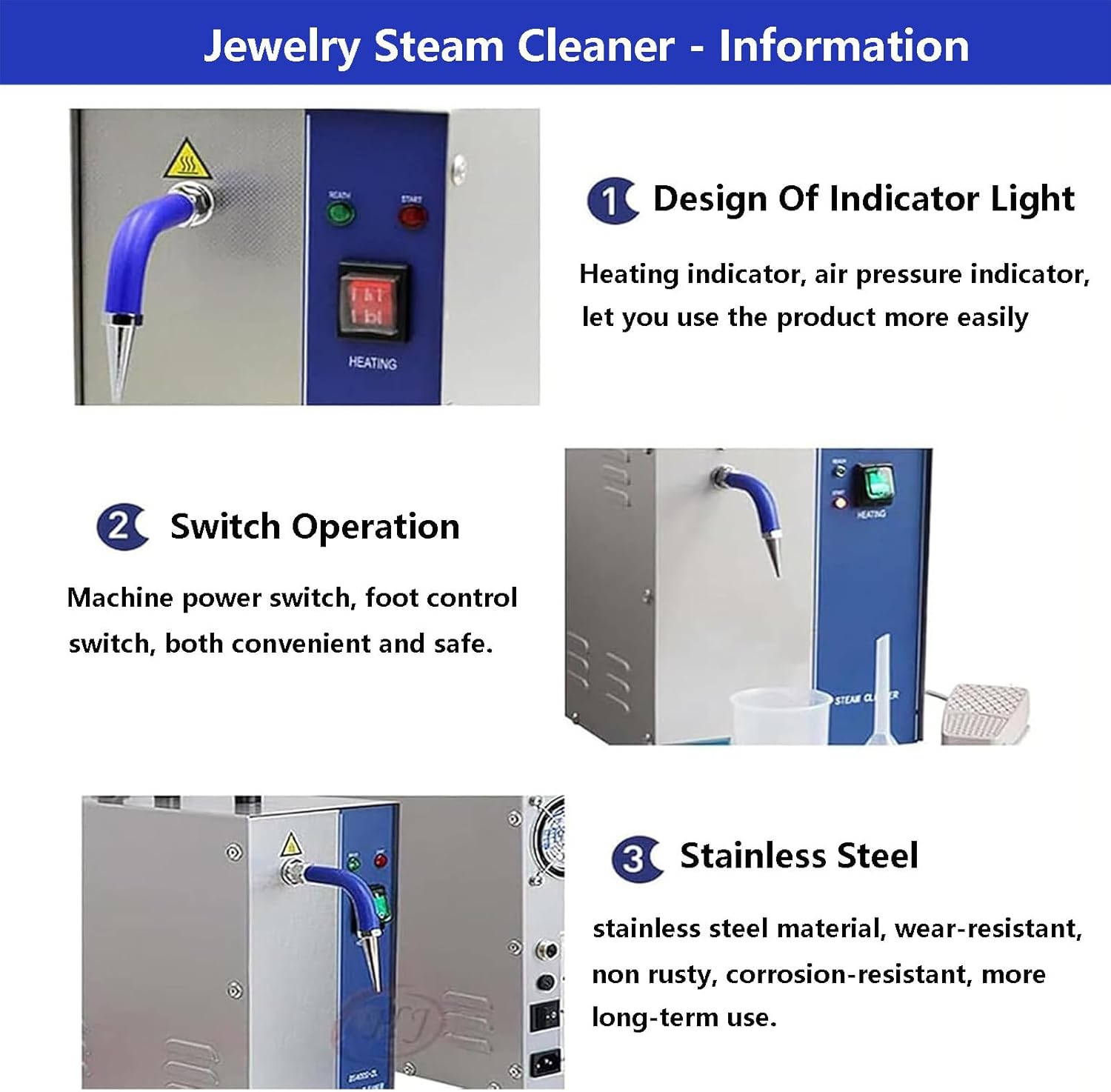 Gold Silver Jewelry Cleaner Steam Device with Footswitch and Exhaust Nozzle 1300w/2200w | Gemstone Steam Cleaner Stainless Steel Gemstone Cleaning Steamer 135°C,4L