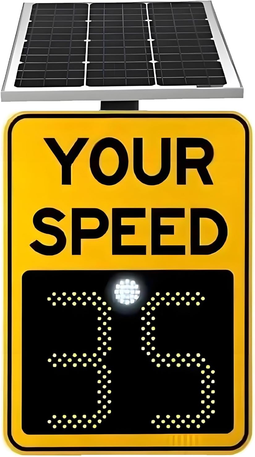 Solar Powered Radar Speed Limit Sign - LED Traffic Feedback Display, Speed Limit Detection, Installation Accessories Included, Yellow 24