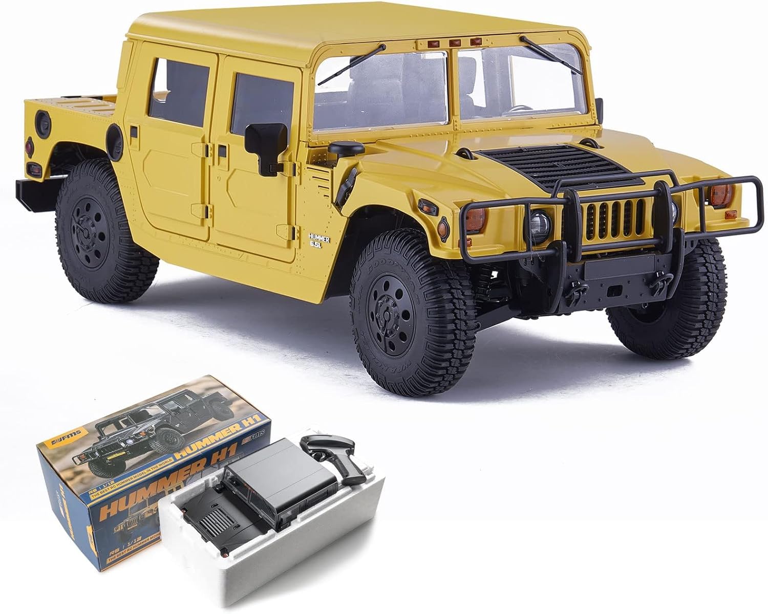 FMS 1/12 HMMWV H1 RC Crawler, 2/4WD Switch Off-Road RC Model Car, Remote Control Cars with 2 Speed Transmission, 20pcs LED Lights for Adults, RS (Yellow)
