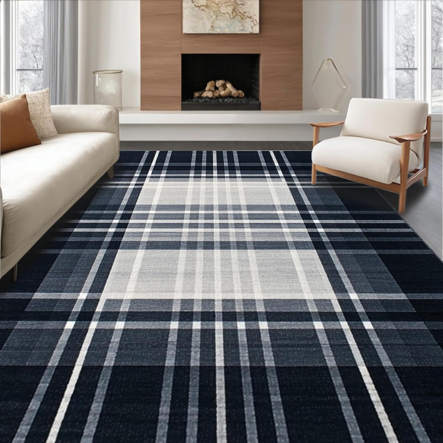 Flatwoven High Traffic Area Rug 8x10, Graphite Computer Chair Rug for Hardwood Floors, Non Slip, Stain Resistant, Washable Area Rugs for Living Room, Bedroom (Black, 8x10)