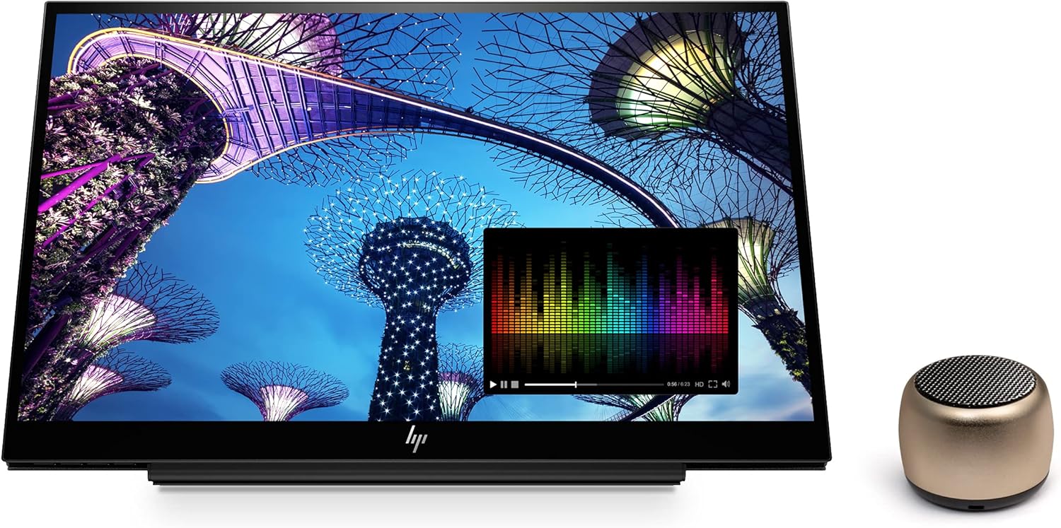 HP E14 FHD (1920x1080) Portable Monitor Travel Bundle with USB Type-C and Micro Bluetooth Speaker with Professional Sound, Built-in Microphone and Remote Shutter for Selfies