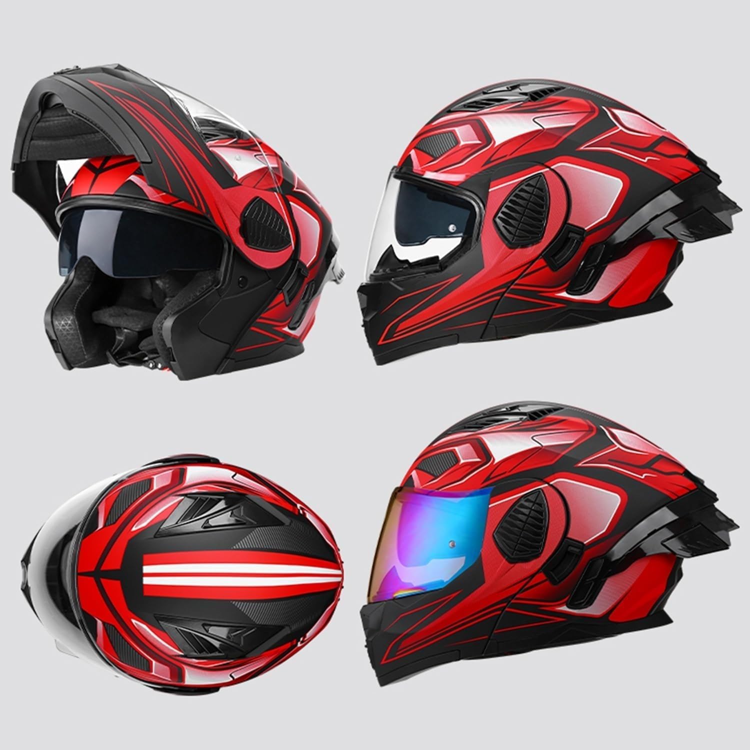 Full Face Motorcycle Bluetooth Helmet DOT Approved for Men Women Youth Adult Double Visor Flip Up Integrated Motorbike Helmet with Tail Fin for ATV Cruiser Snowmobile