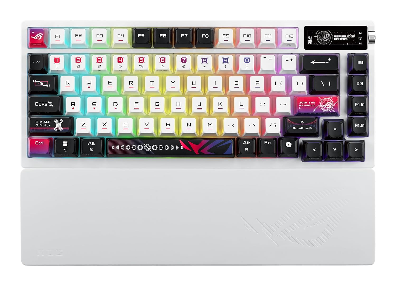 ROG Azoth X 75% custom gaming keyboard, hot-swappable Storm V2 Switches, gasket mount, dampening foam, FR4 plate, south-facing PCB, tri-mode connection, OLED display, control knob, wrist rest, Mac