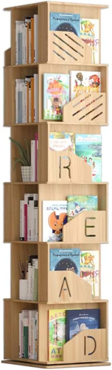 SYALEO Rotating Wooden Bookshelf 360° Storage Display Rack Corner Bookcase 4 Tier/5 Tier/6 Tier Floor Standing Open Shelves for Living Room