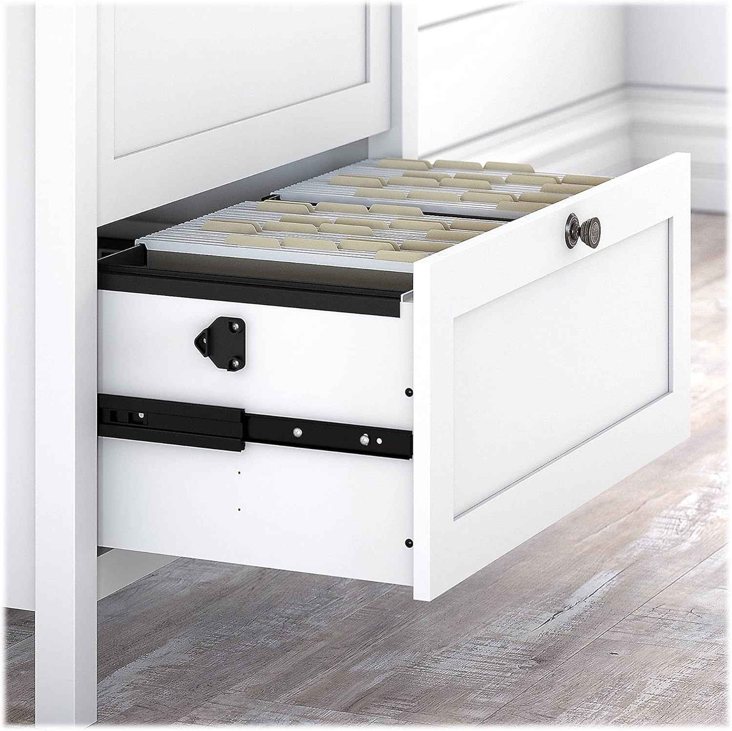 Bush Furniture Mayfield Bookcase with Drawers in Pure White and Shiplap Gray