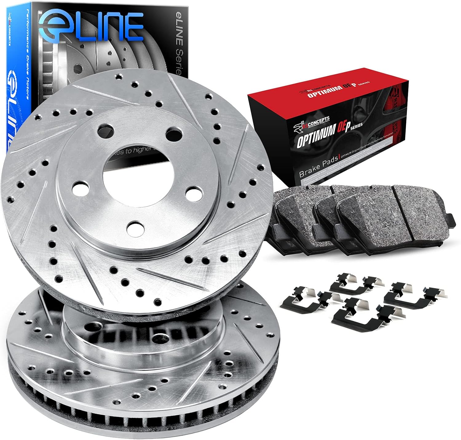R1 Concepts Front Brake Kit For 2016-2020 Lexus GS, 2015-2021 Lexus RC F| Drilled Slotted Brake Rotors| Optimum OEP Brake Pads and Rotors Kit