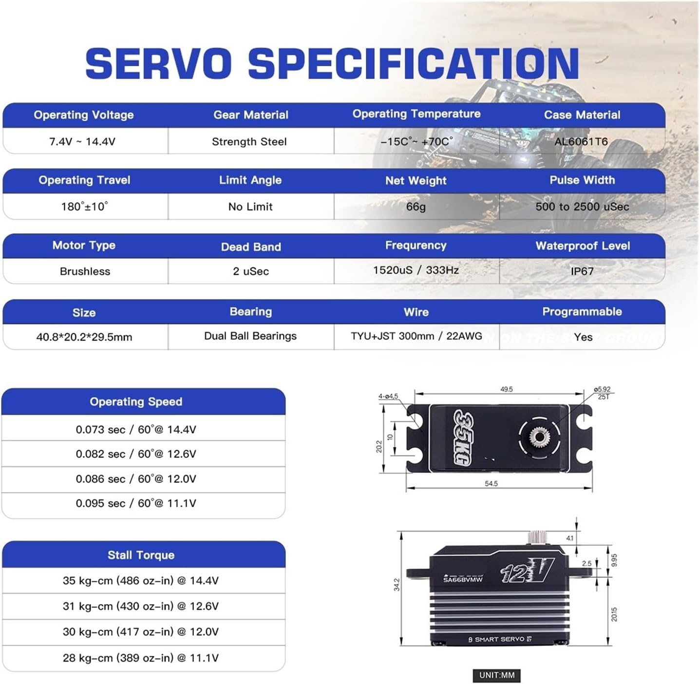 Waterproof SA66BV Steel Gear 12V 35KG High Torque Low Profile 3S Brushless Steering Smart Servo Suitable for 1/10(Standard Mode Set3)