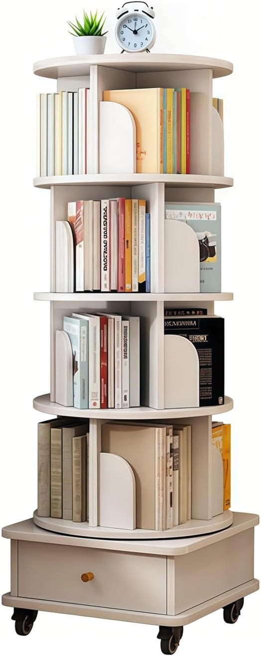 Title: 5-Tier Rotating Bookshelf, 360° Spinning Bookcase with Locking Wheels & Storage Drawer, Round Revolving Shelf for Kids' Room, Living Room, Office Corner, Modern White Finish, 55.9