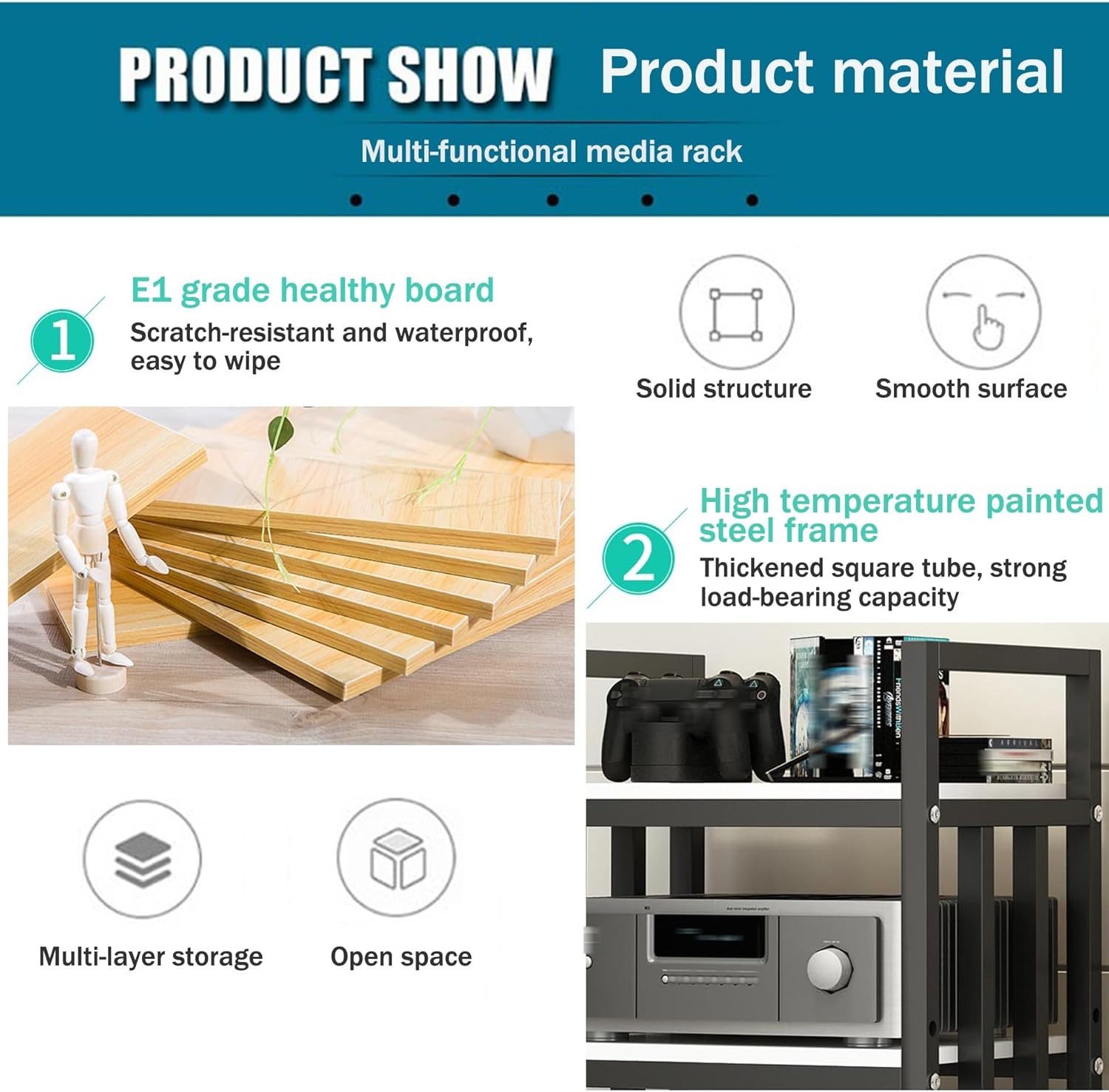 4-tier Media Stand Audio-video Shelving Stereo Console Stand Tower Rack Wooden Cabinet Open-Ended Electronics Equipment Shelf with Height Adjustable Shelves for TV Box/DVD Player Gaming Rec Room(White