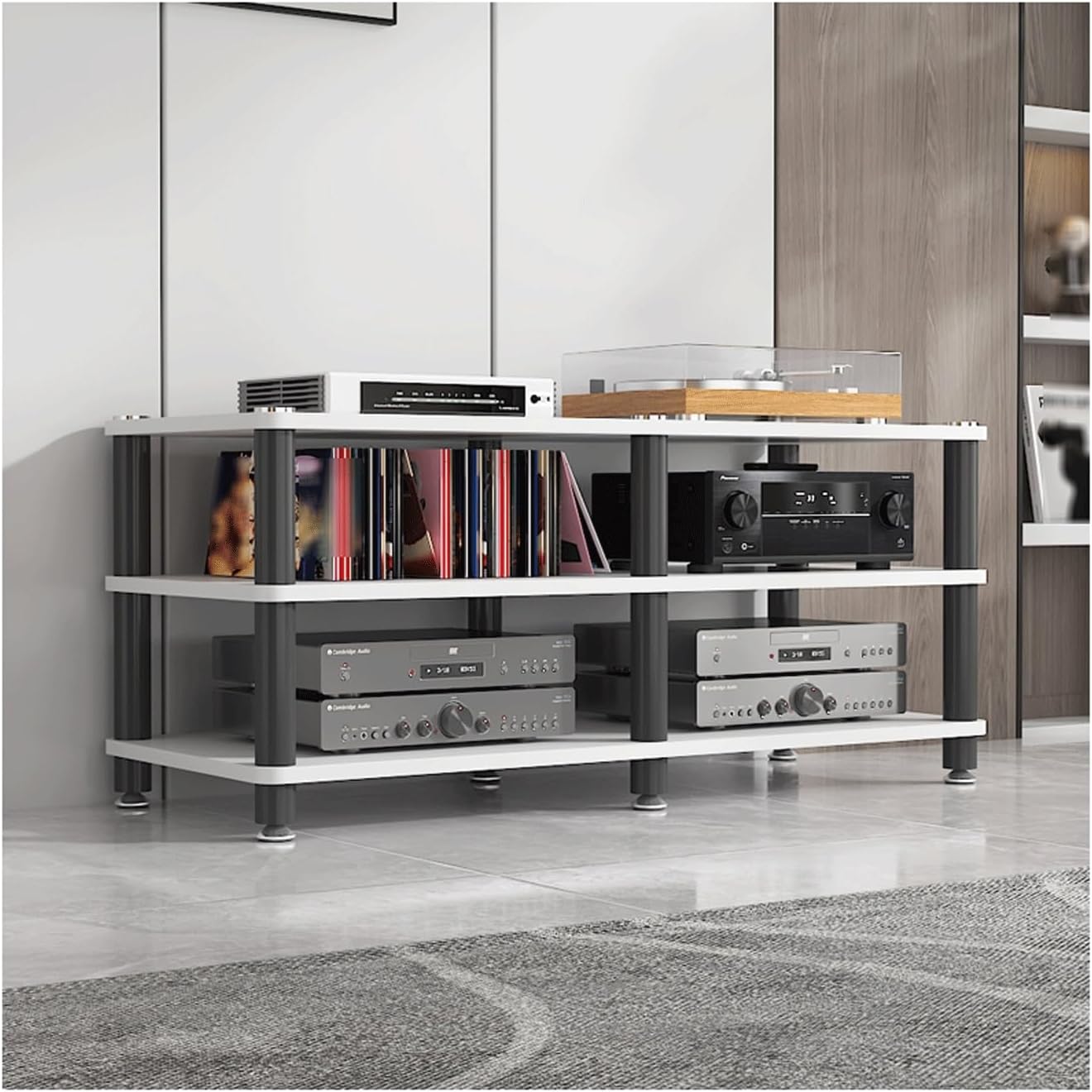 XMFBSY Medios Audio Video Equipment Tower Rack HiFi Stand Modern Stereo Component Cabinet Record Player Turntable Amplifier Receiver Shelf for Game Console Organizer(White