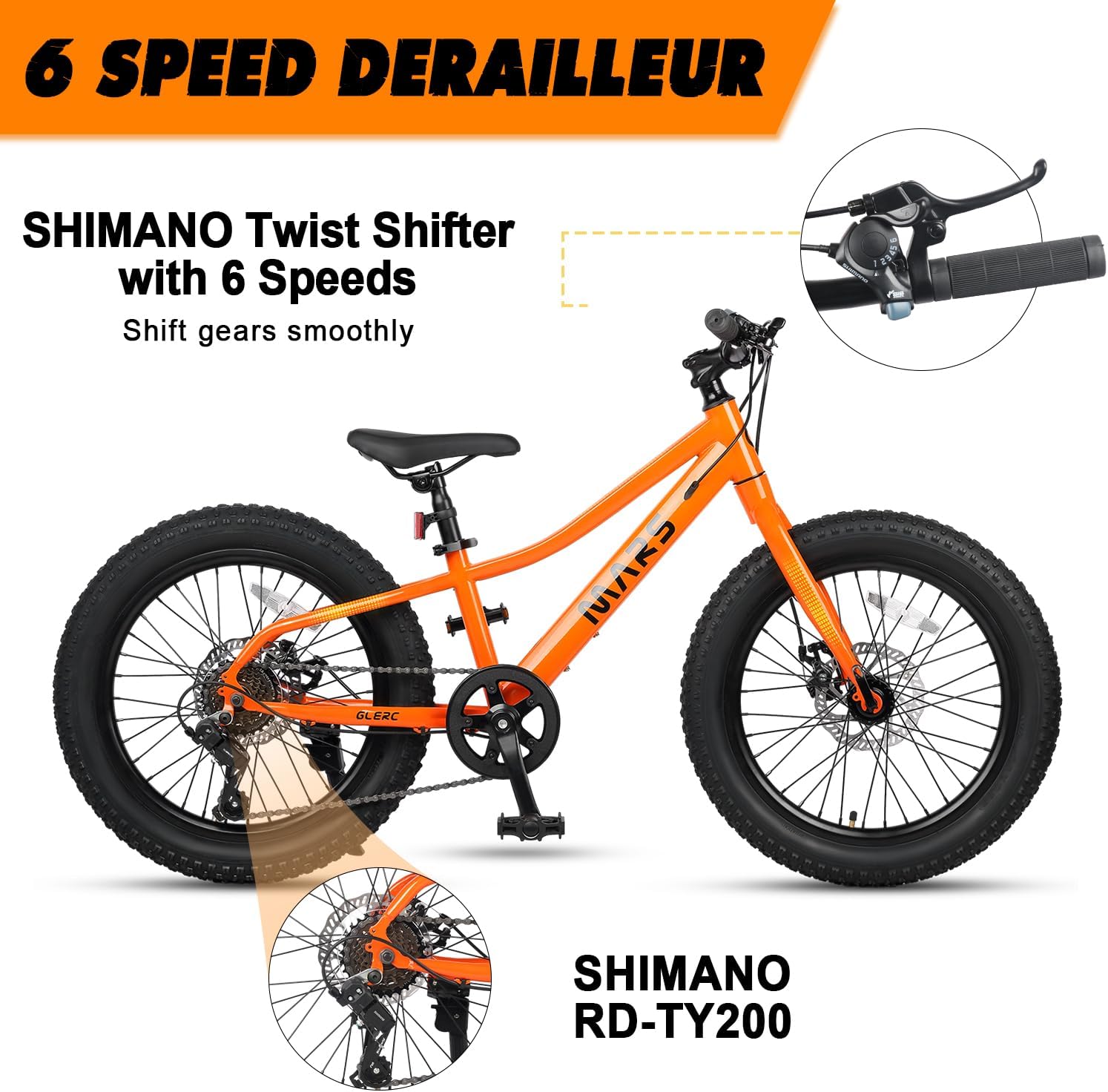 Glerc Kids Bike, 20 Inch Mountain Bike for Teen Ages 6-10 Year Old, Bicycle with 2.8-Inch Wide Tires and 6 Speed Drivetrain, Orange