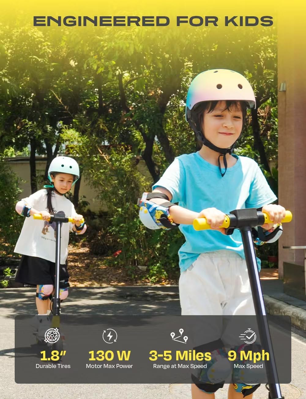 aigo E3 Kids Electric Scooter - Front Suspension, Max 3-5 Miles Long Range, Powerful 130W Motor, Multi-Color RGB Light Deck and Rainbow Headlight, 154lbs Weight Safety Tested to UL 2272