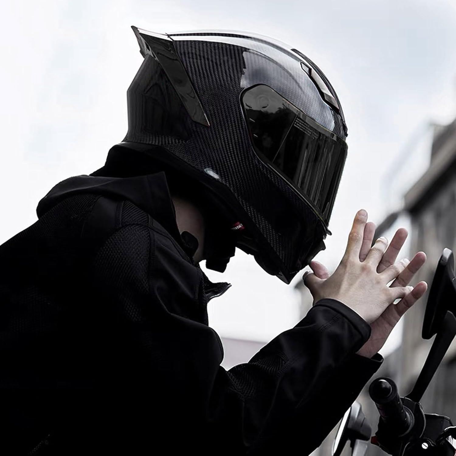 Carbon Fiber Full Face Motorcycle Helmets with Spoiler Sport Touring Street Motorcycle Helmet - Bluetooth Ready Speaker Pockets