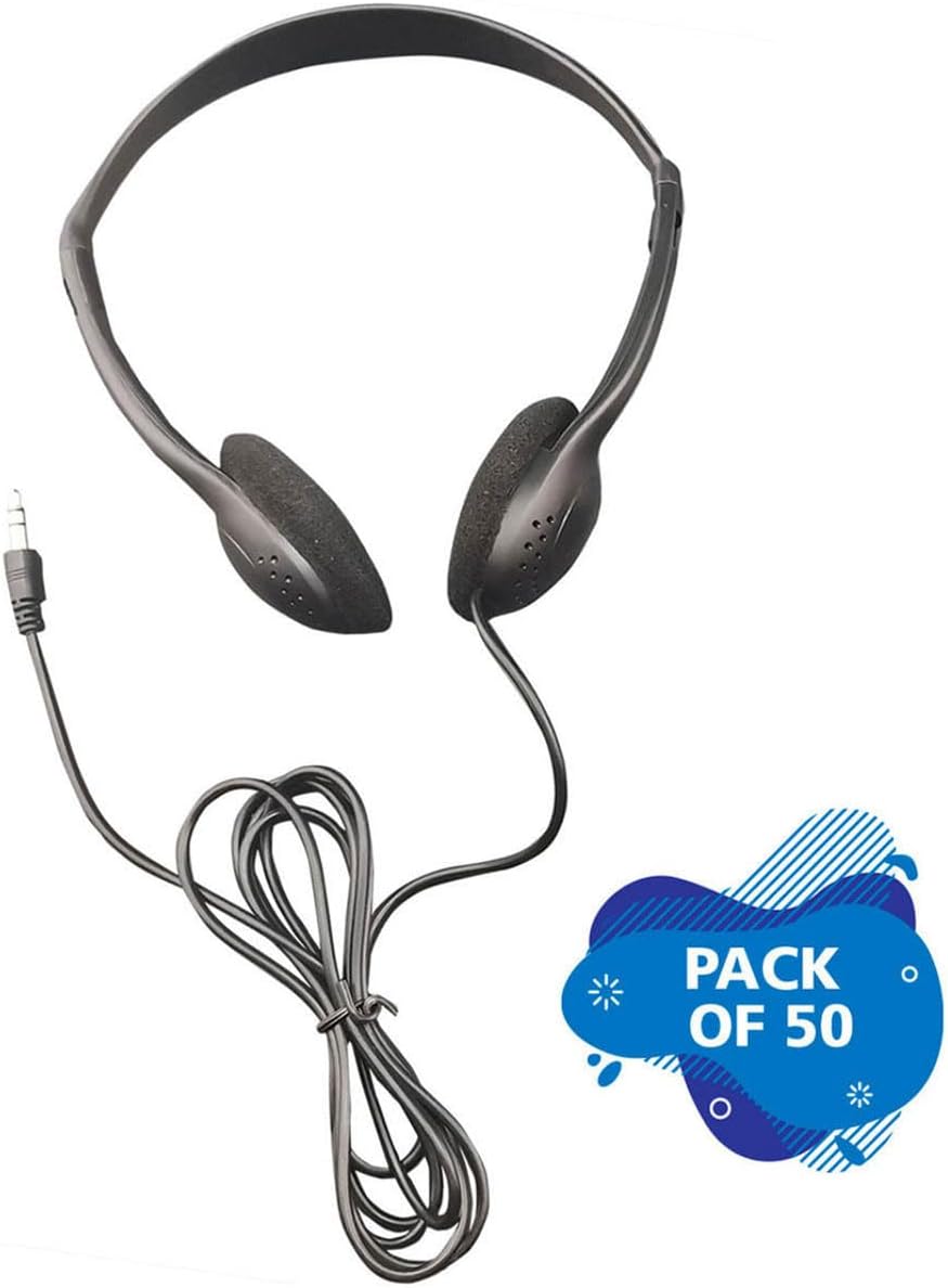 HamiltonBuhl PER/50 Personal Economical Headphones 50‑Pack – On‑Ear Foam Cushions, 3.5mm Plug, Lightweight Classroom Headphones for Tablets, Computers & Mobile Devices