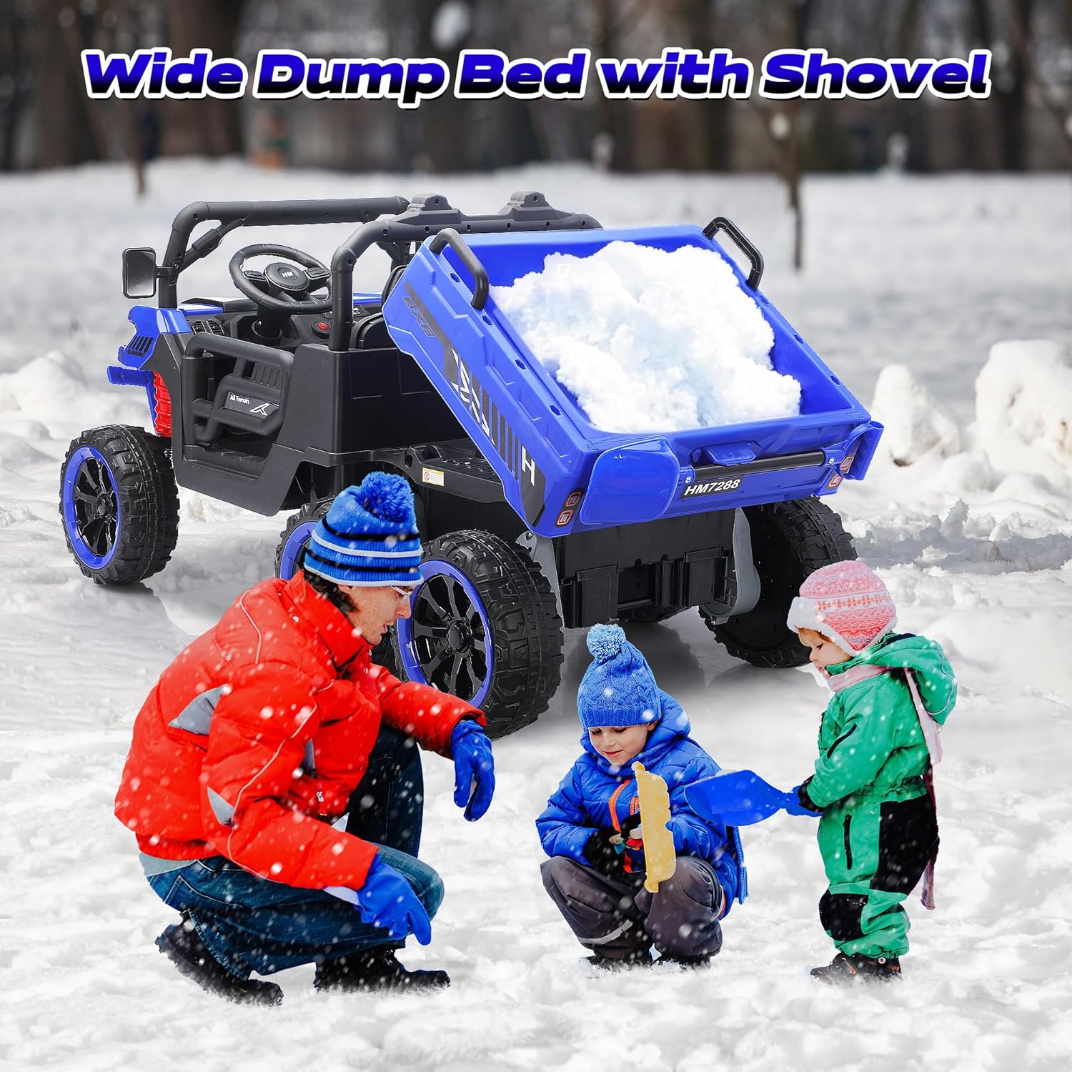 24V 2 Seater Ride on Dump Truck, 4WD 6-Wheel Ride on Toys for Big Kids with Remote Control, Ride on UTV Car with Electric Dump Bed, Toy Shovel, LED Lights & Music - Ages 3-8 (Blue)
