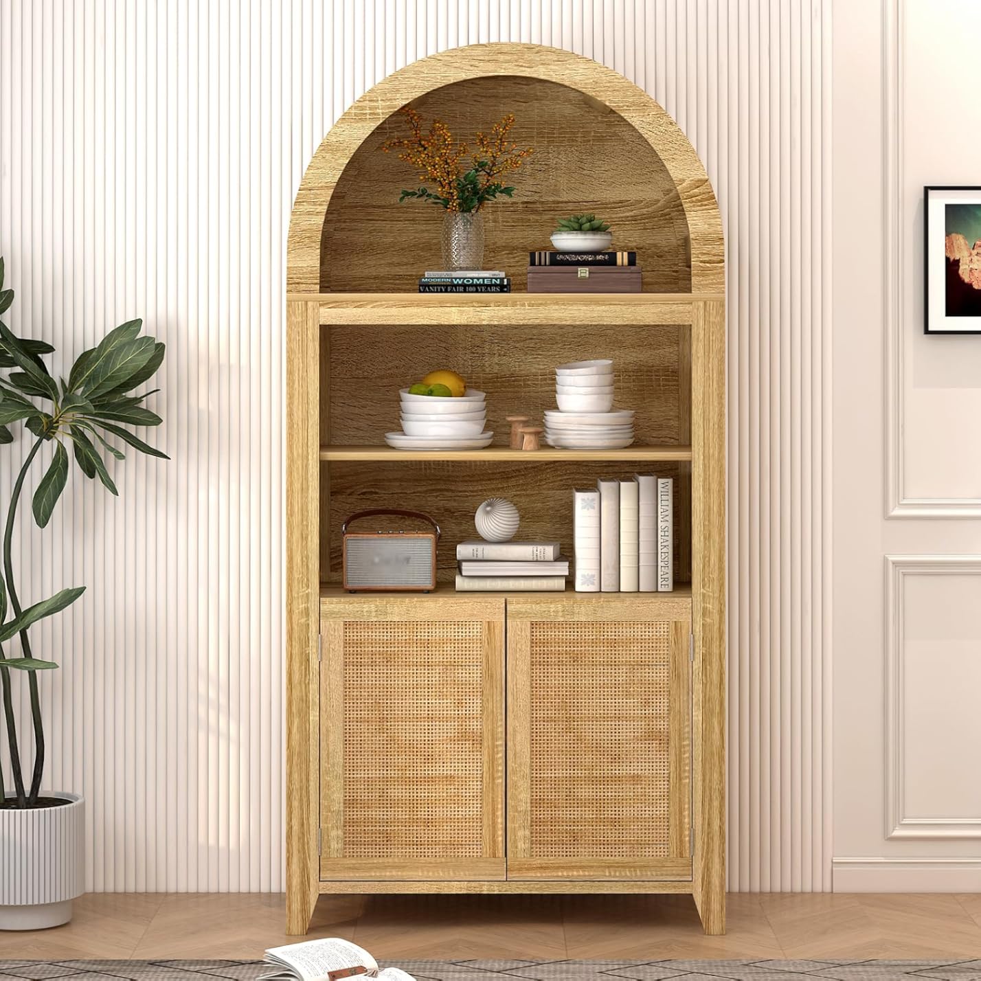 BYCCZMGAD Tall Arched Bookcase, Wood Storage Cabinet with Doors and Shelves, Modern Farmhouse Versatile Cupboard, Display Case, Arch Bookshelf for Office, Living Room, Kitchen