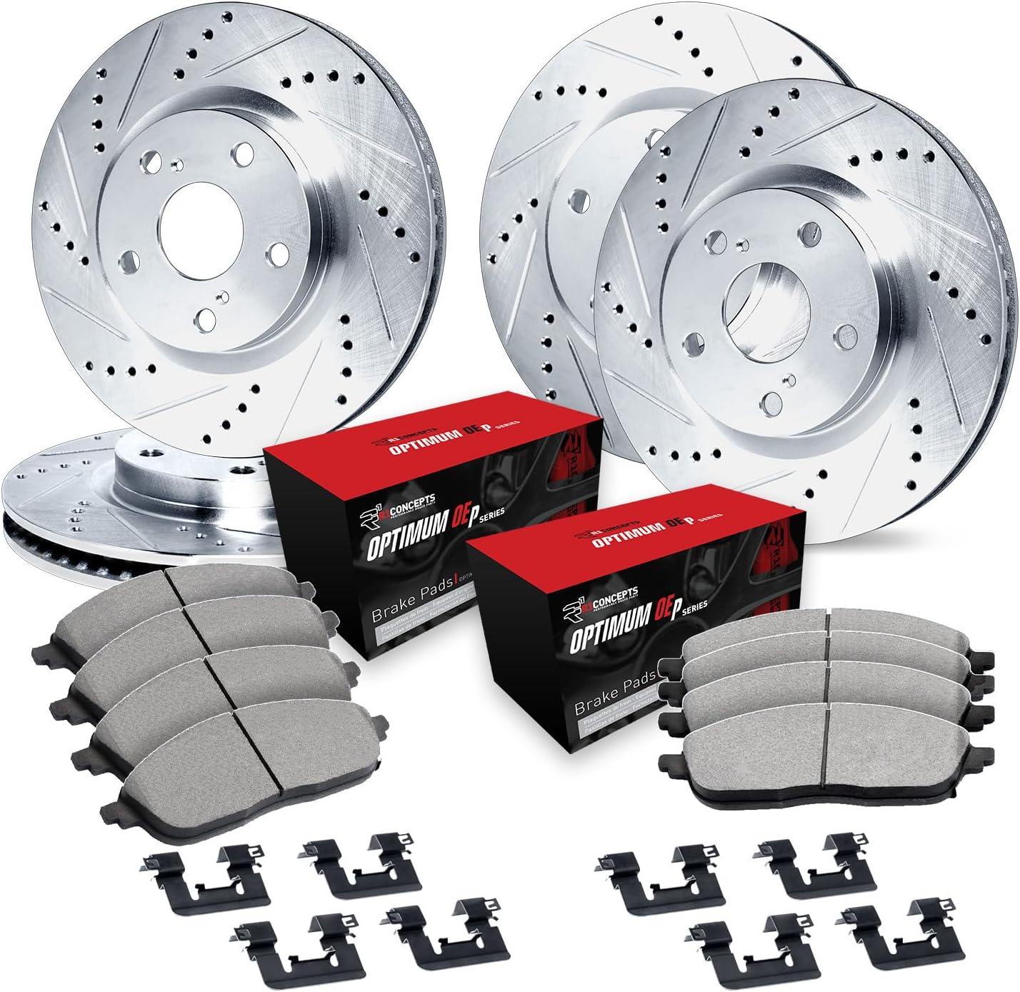 R1 Concepts Front and Rear Brake Kit For 2017-2020 Lexus GS; 2015-2022 Lexus RC F| Drilled Slotted Brake Rotors| Optimum Oep Brake Pads and Rotors Kit|Hardware included