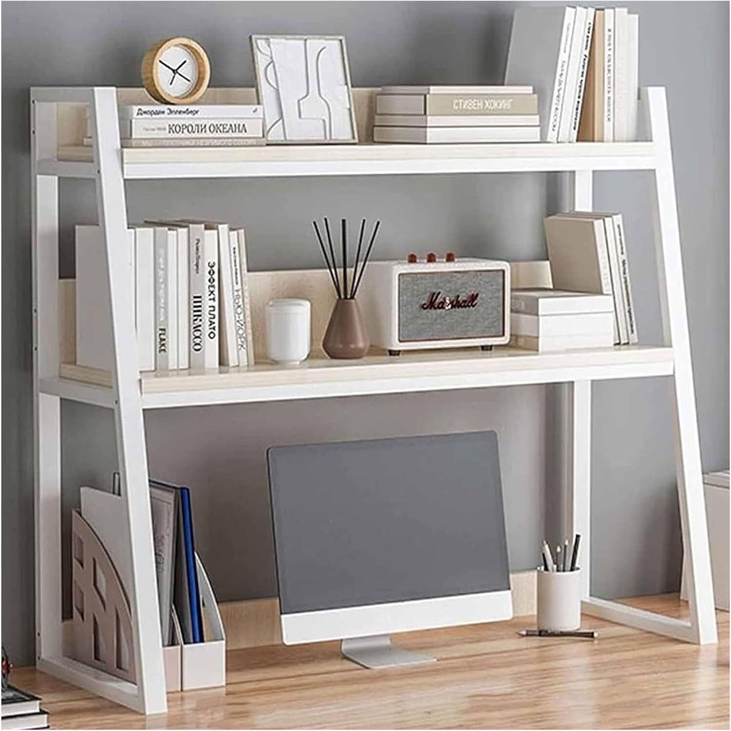 SoOSSN Desktop Bookshelf Trapezoidal Desktop Bookshelf, Metal Wood Computer Desk Bookcase, Countertop Organizer Rack (Color : C, Size : 95X32X90CM)