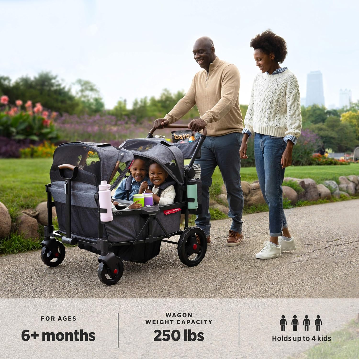 Radio Flyer Voya Quad Stroller Wagon, for Toddlers and Kids 6+ Months, Push or Pull, 4 Seats, Dual Sun Canopies, Compact Fold, Lightweight, Storage Space, 5-Point Harnesses, Stroller Wagon for Kids