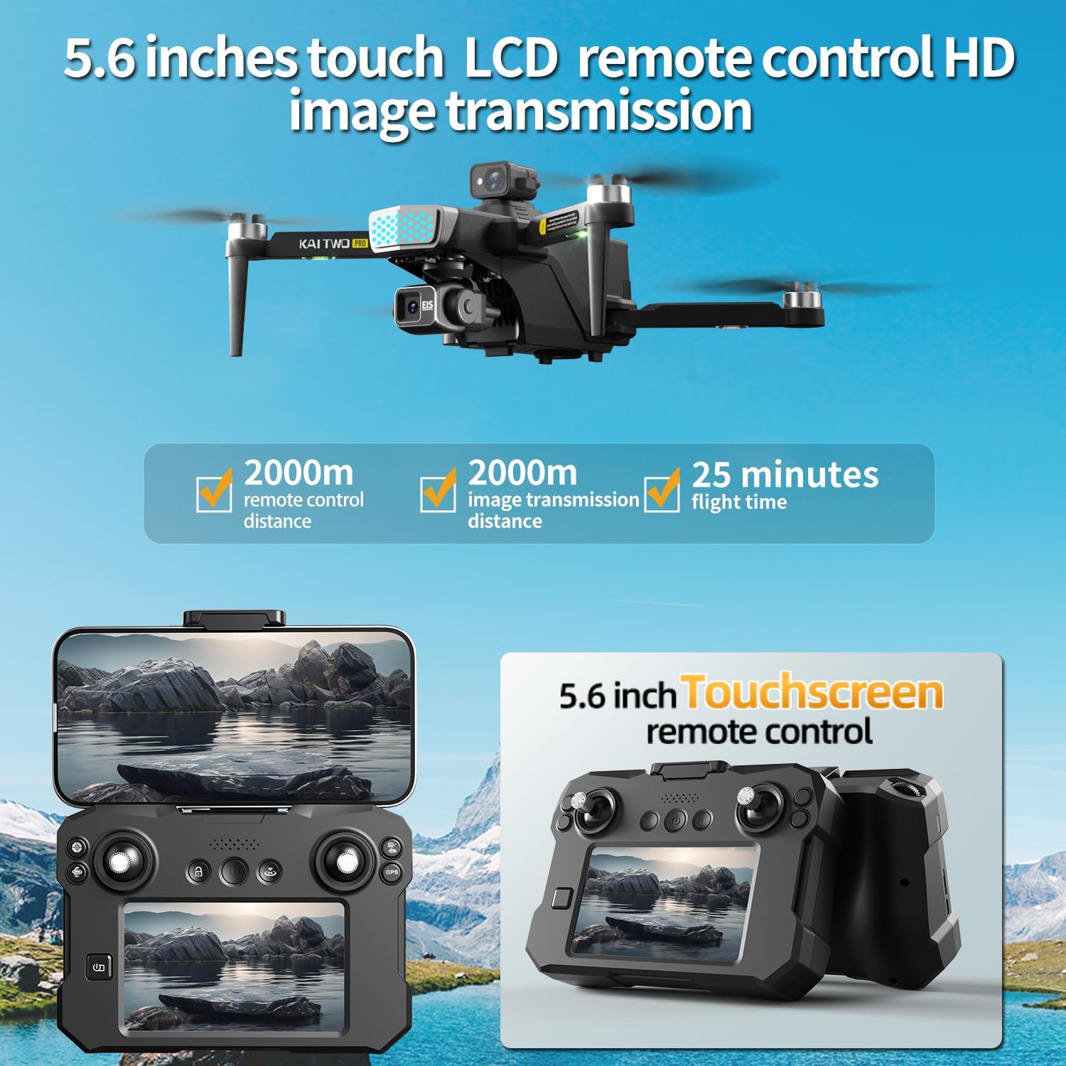 5.6” Touch Screen Drone with 3-Axis Gimbal & 4K Camera, 5G FPV Transmission, GPS Auto Return, 360° Obstacle Avoidance, 7-Level Wind Resistance, 30 Mins Flight, Professional Aerial Photography Quadcopter for Adults