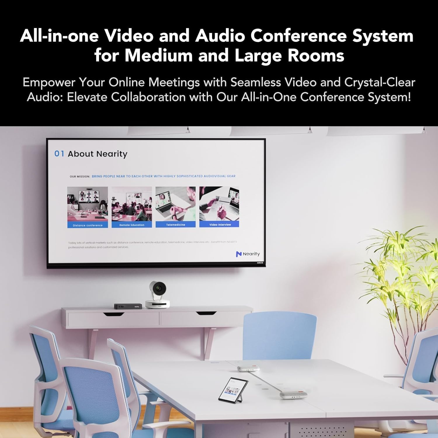 NUROUM Conference Room Camera System, 5X Optical Zoom, Noise Cancellation, All-in-one Video Conferencing Camera, PTZ Webcam, Daisy Chain Bluetooth Conference Speakers for Larger Rooms