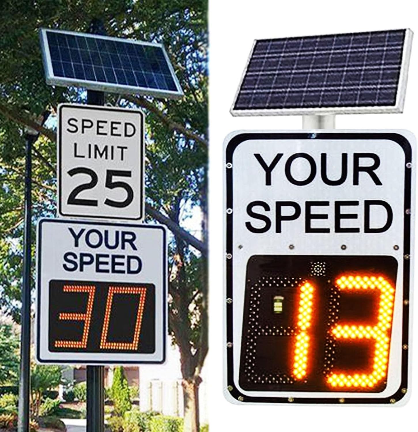 Road Warning Radar Speed Gun LED Flashing Traffic Sign Set, 20''X27'' Solar Radar Speed Limit Sign for Highways, Roads, Streets