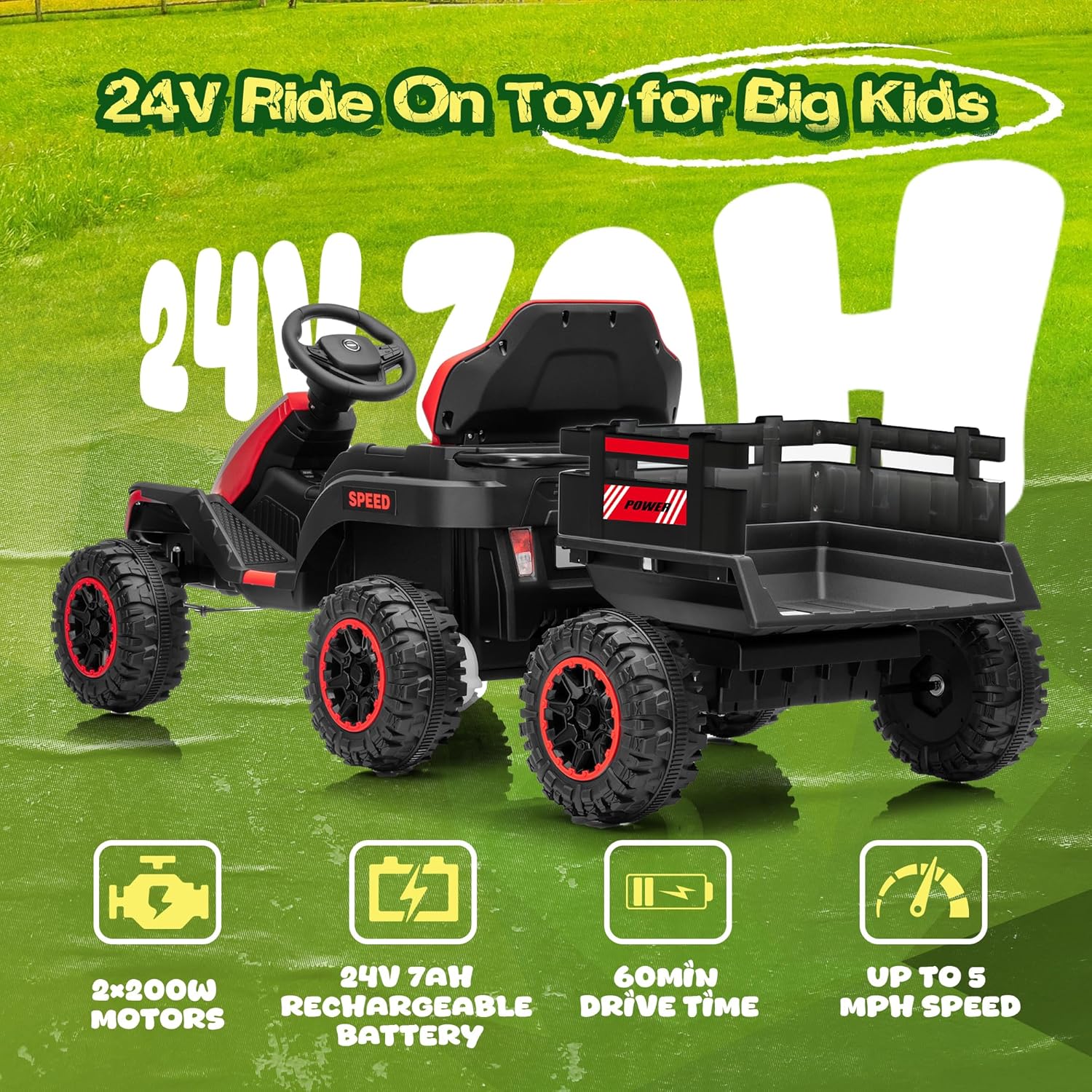 24V Ride on Toy for Big Kids with Trailer, 2x200W Motors, Up to 5MPH, Ride on Car with Parent Remote, Headlights, Shock Absorbers, Music, 4 Wheeler Electric Car for Kids 3+, Red