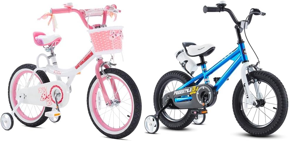 Royalbaby Kids Bikes Bundle with Training Wheels, Kickstand, Basket - Girls Bicycle 16 Inch White & Boys BMX Freestyle Bike 16 Inch Blue
