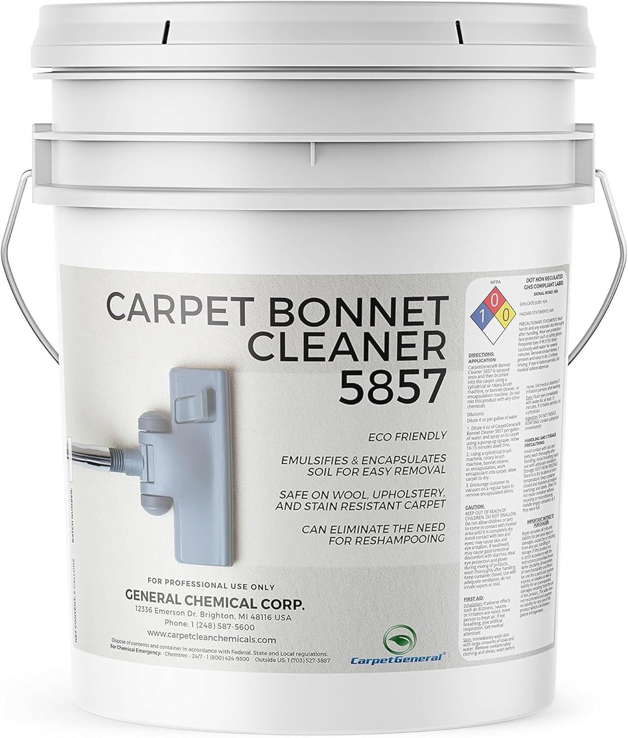 CarpetGeneral Bonnet Cleaner 5857 - Heavy Duty Shampoo Carpet Freshener Solution for Machine - Fast Drying & Pet Safe Carpet Shampoo for Rotary Cleaners, Commercial, & Industrial Use - 5 Gallon Pail