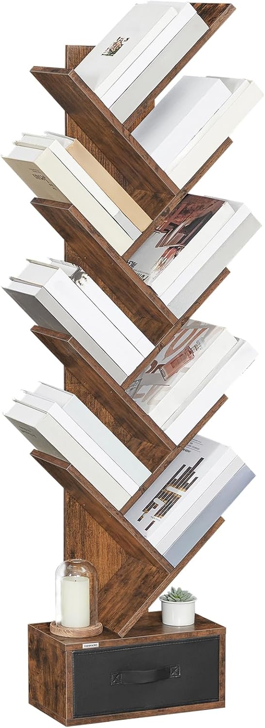 MAHANCRIS Tree Bookshelf, 9-Tier Bookshelf with Drawer, Wooden Book Storage Rack, Floor Standing Bookcase, Utility Organizer Shelves for CDs/Books/Movies, for Home Office, Rustic Brown BKR7101