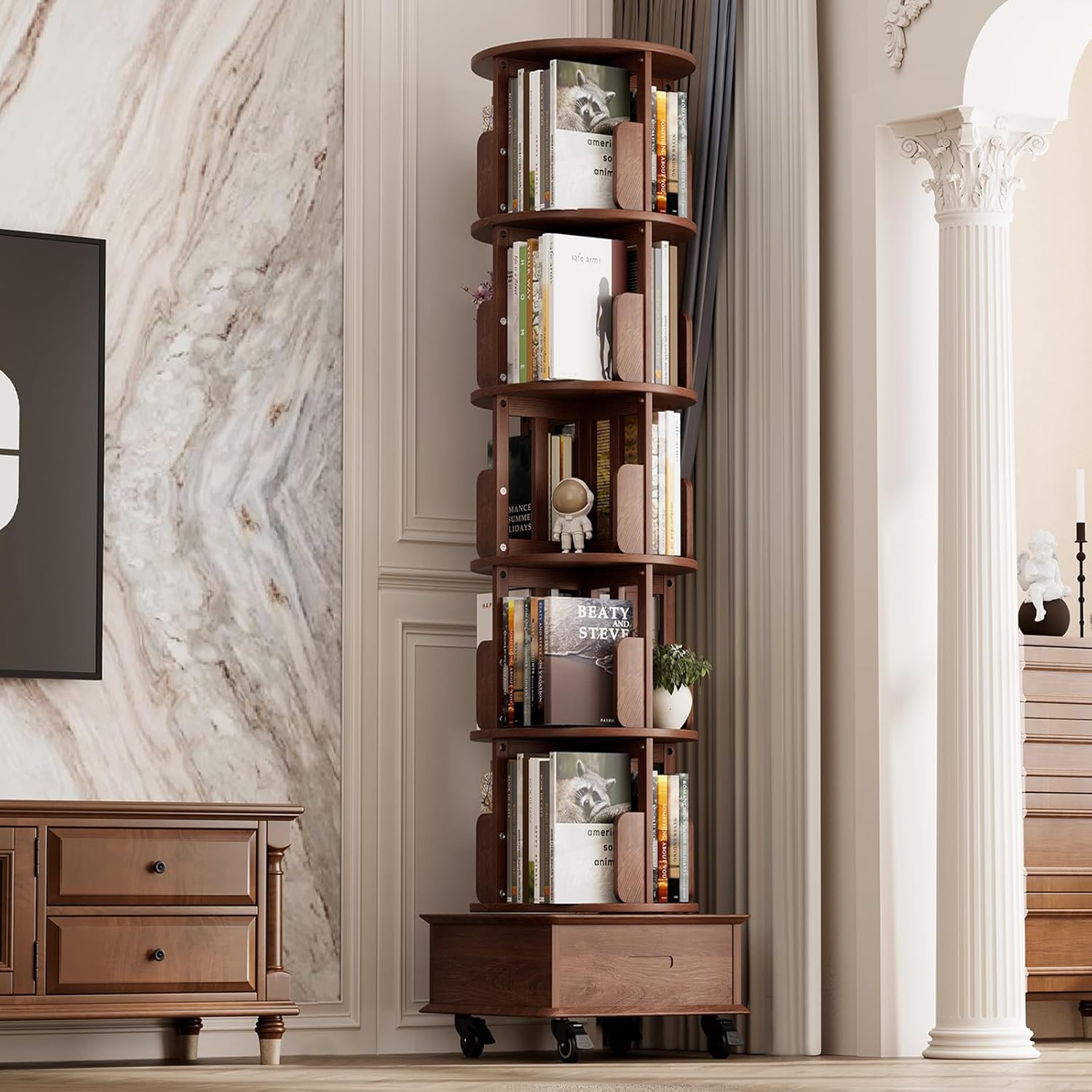 JIAWORLDER Solid Wood Rotating Bookshelf Tower on Wheels, 5-Tier Spinning Bookcase with Drawer, 72