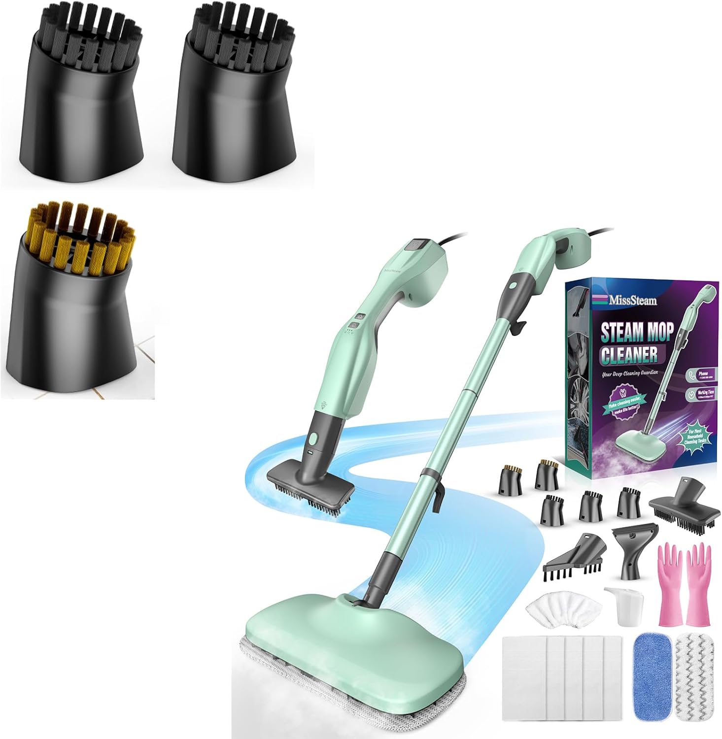 MissSteam Steam Mop with Replacement Brush Set - 3PCS Steam Cleaner Brush Heads