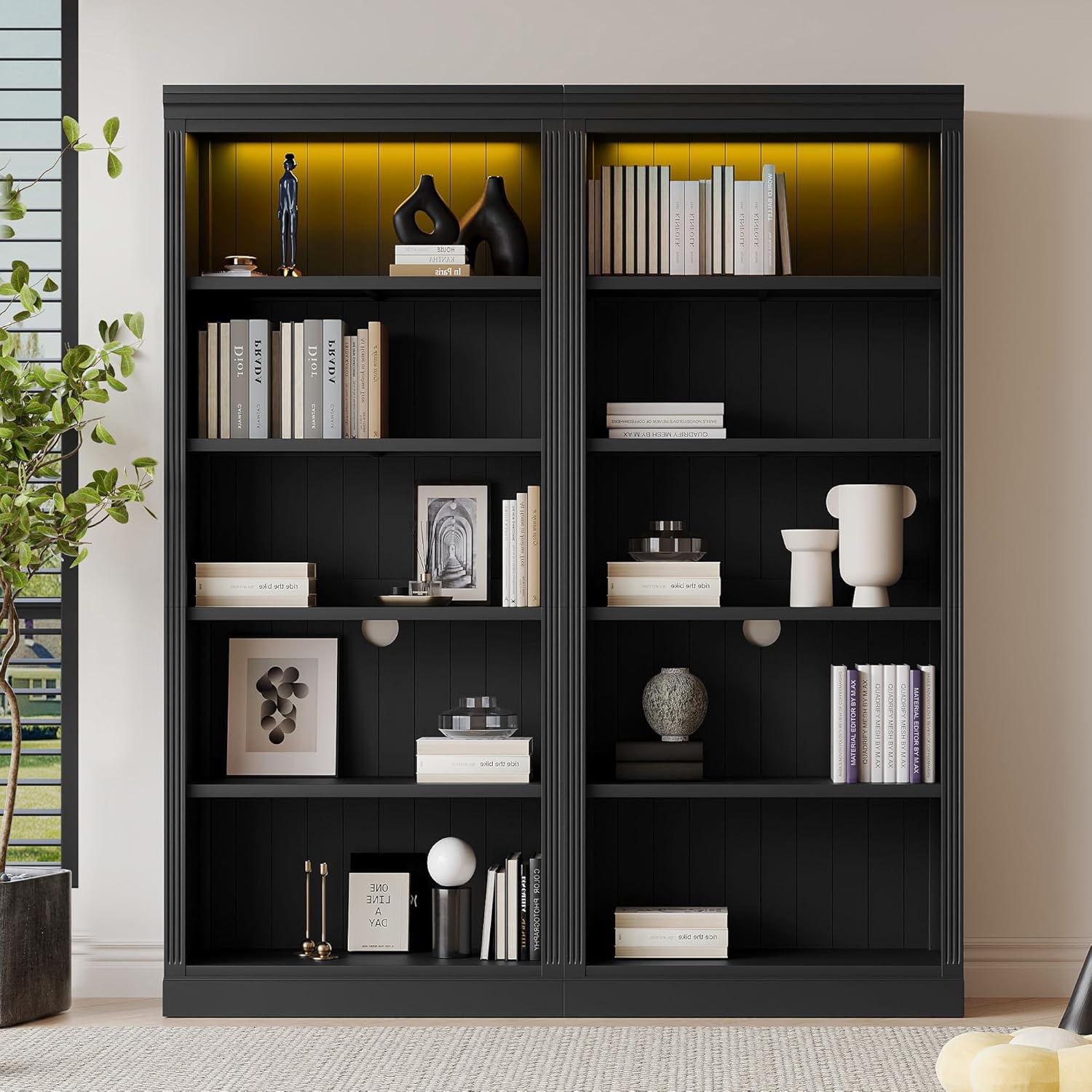 LUMISOL Tall Book Shelf and Bookcase, 5-Tier Home Decor Bookcase Suite with Adjustable Shelves, Free Standing Storage Shelves Suite for Living Room, Home Office, Black